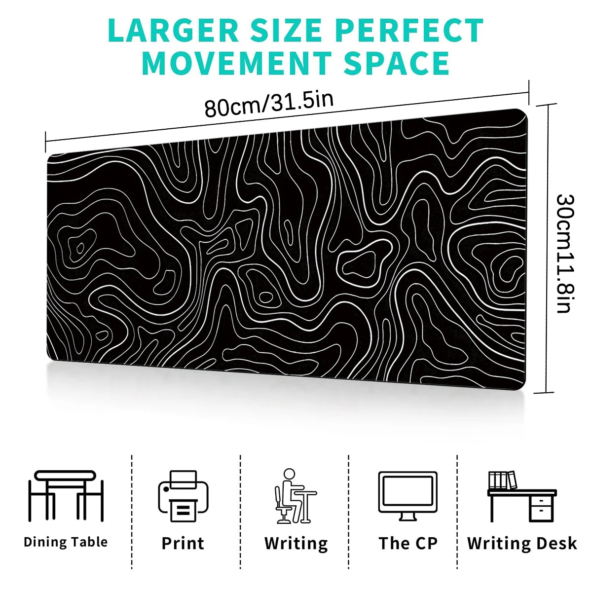 Large Gaming Mouse Pad – 31.5 x 11.8 Inch Topographic Design, Black and White Keyboard Pad with Non-Slip Base