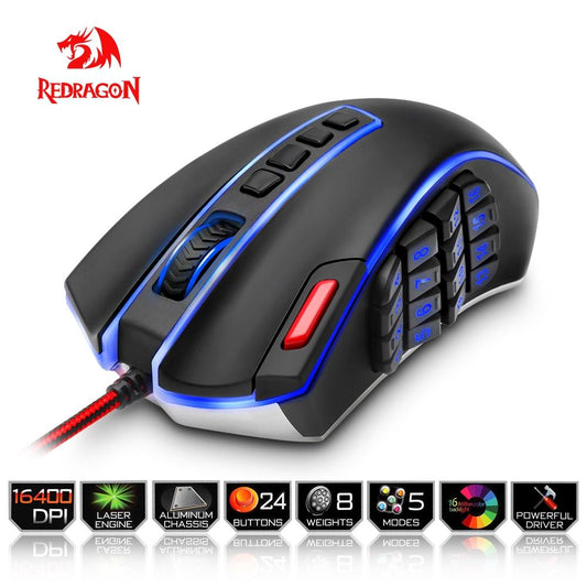 Redragon USB Gaming Mouse – 16,400 DPI, 24 Programmable Buttons, Ergonomic Design for PC Gamers