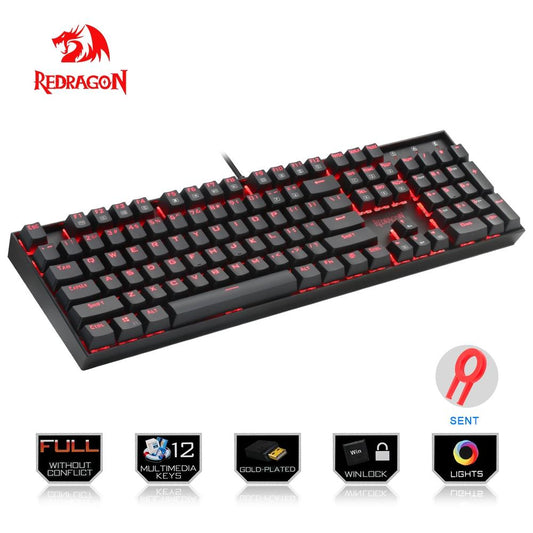 Redragon USB Mechanical Gaming Keyboard – Ergonomic, Key Backlit, Single Breathing Light, Full Key Anti-Ghosting, 104 Keys for PC Gamers