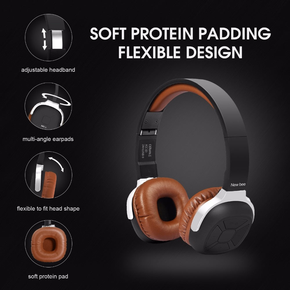 New Bee Wireless Bluetooth Headphones – Stereo Foldable Headset with NFC, Sport App, Mic, for Phone, Computer & TV