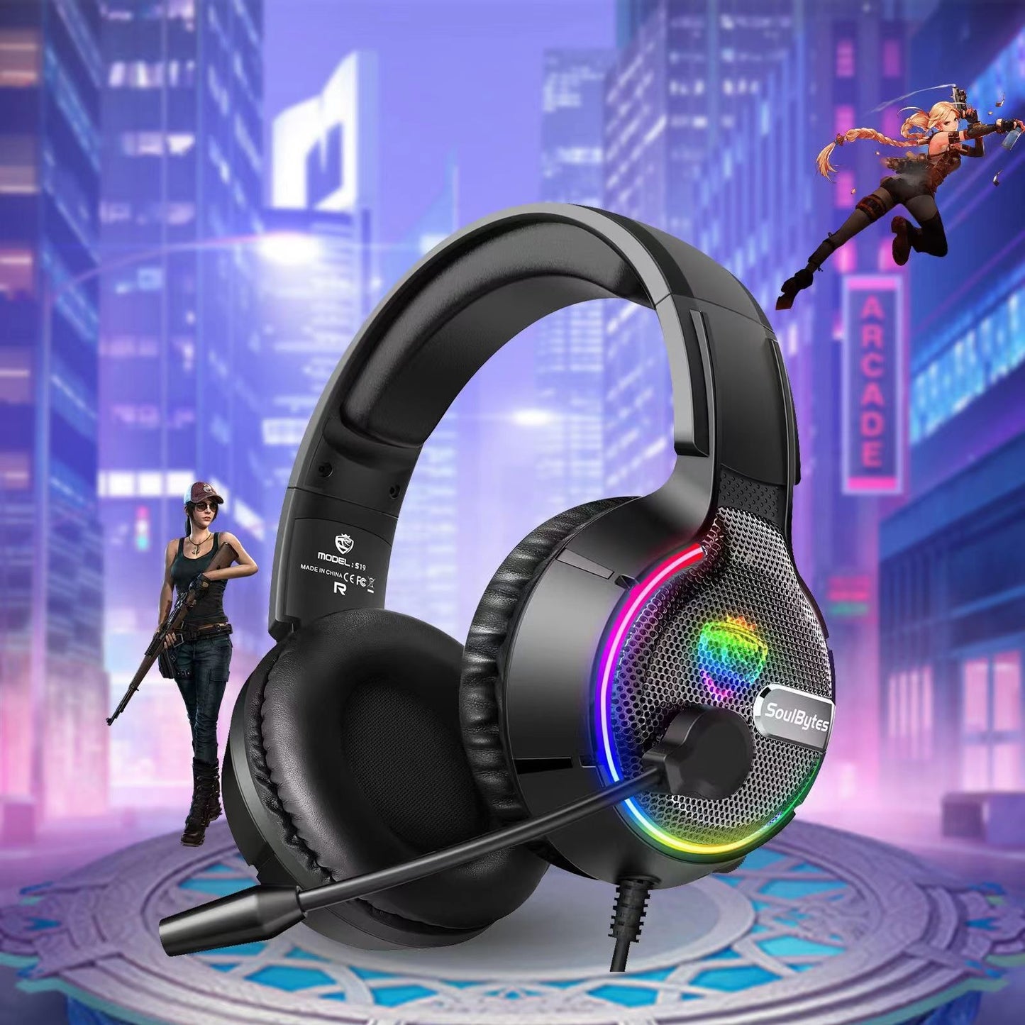 Soulbytes S19 Wired Gaming Headset – Head-Mounted, RGB Lighting, 50mm Drivers, Durable Braided Cable