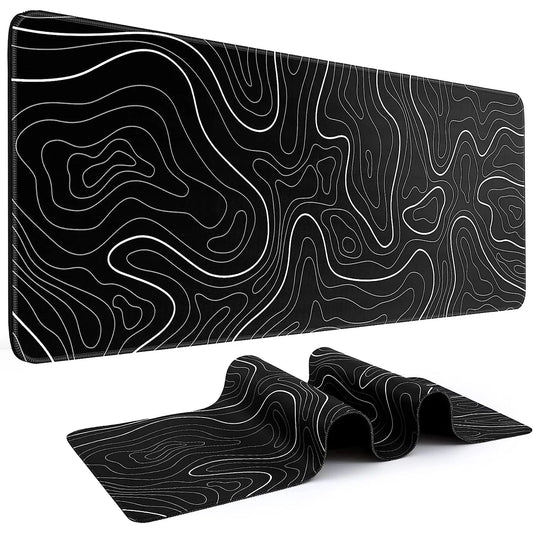 Large Gaming Mouse Pad – 31.5 x 11.8 Inch Topographic Design, Black and White Keyboard Pad with Non-Slip Base