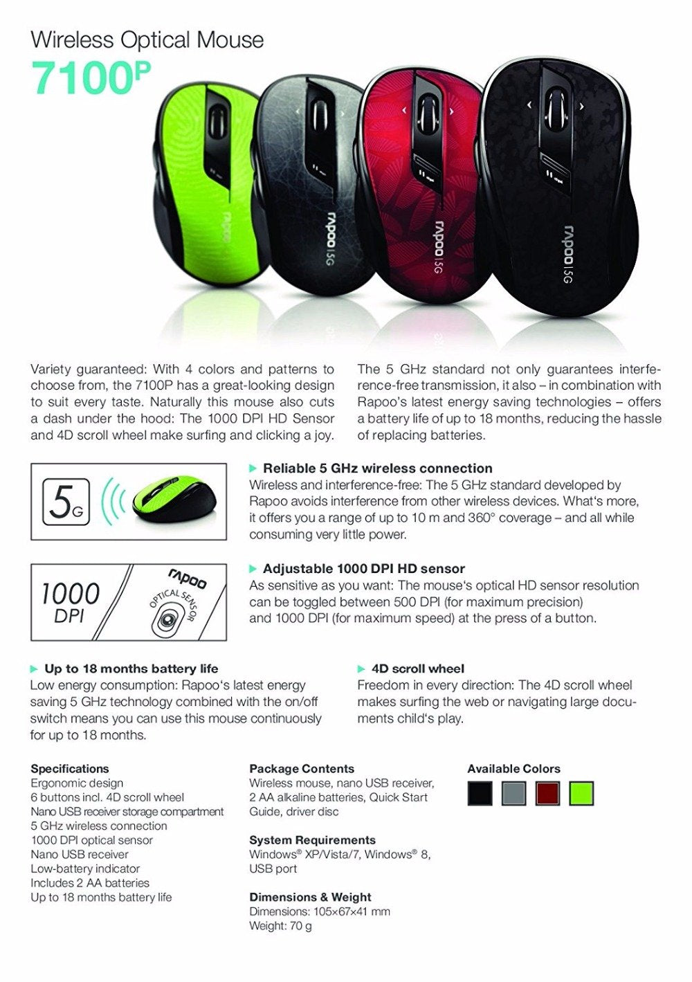 Rapoo Classic 5GHz Wireless Optical Gaming Mouse with Adjustable DPI and 4D Scroll